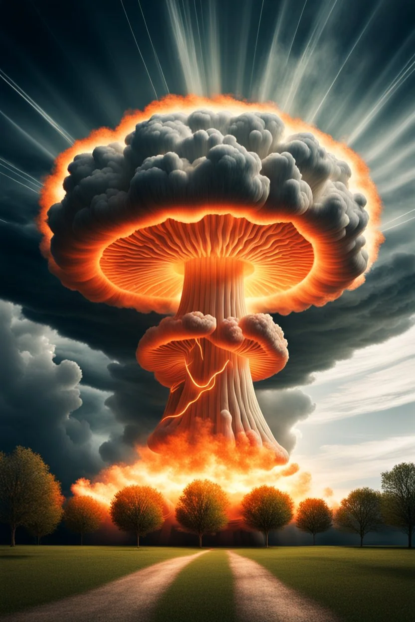 nuclear explosion's mushroom cloud that looks like a tree, with energy lines radiating outward but behind, angelic fantastic lighting, leaves falling