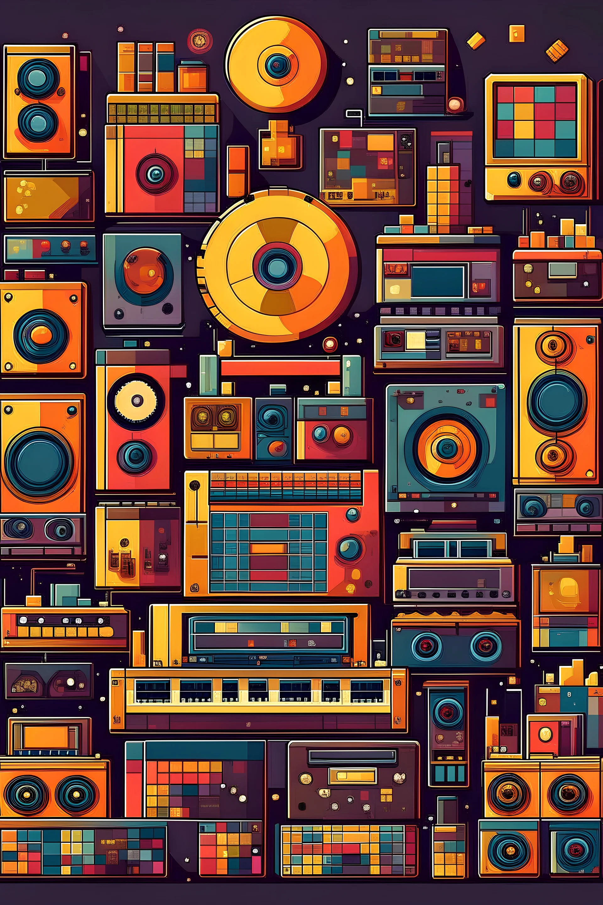 много музыкальных вещей и виниловых пластинок в стиле pixel art