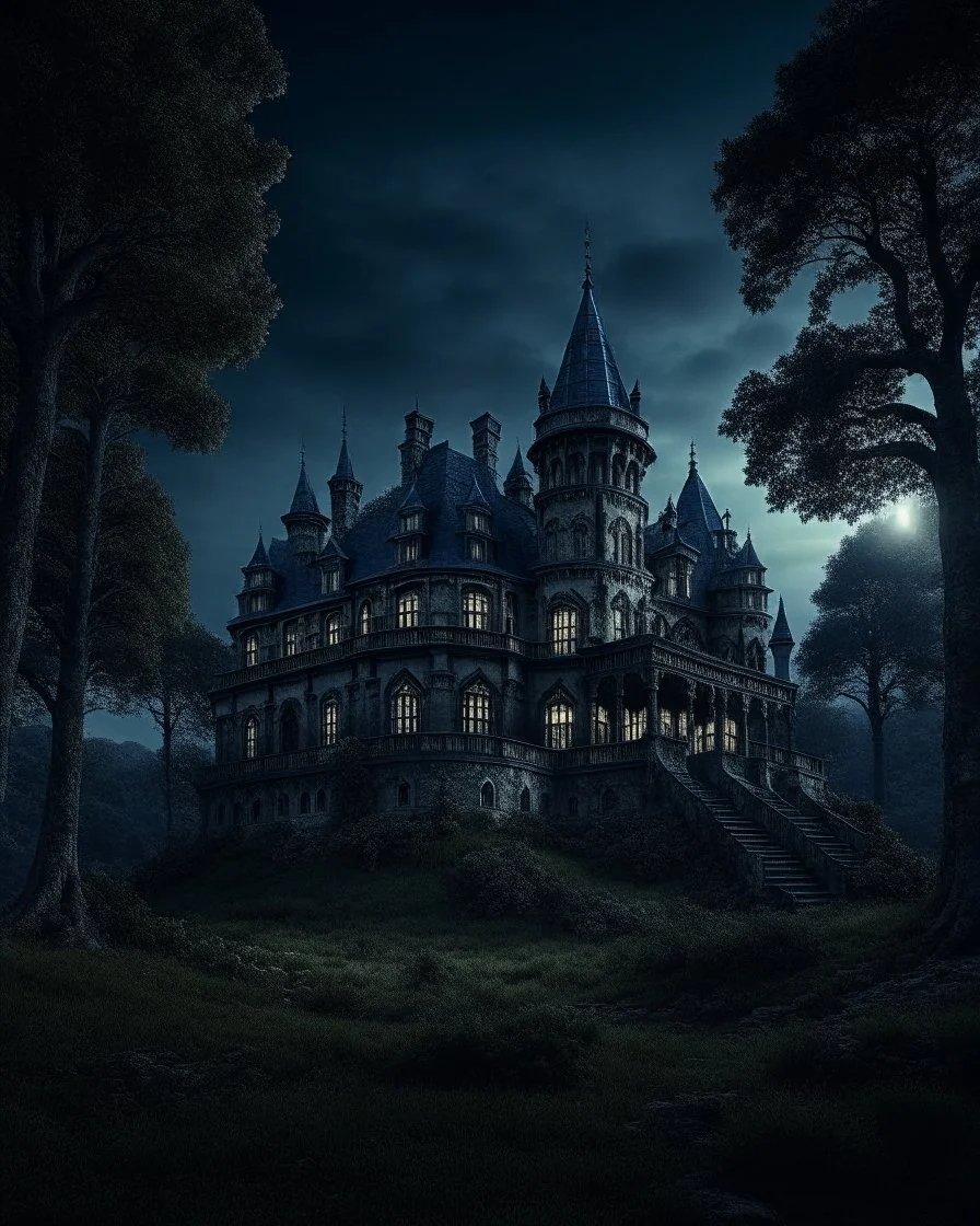 Moon, black night, shadowy old castle, dark forest in the background,HDR,UHD,8K, best quality, masterpiece, Highly detailed, ultra-fine painting