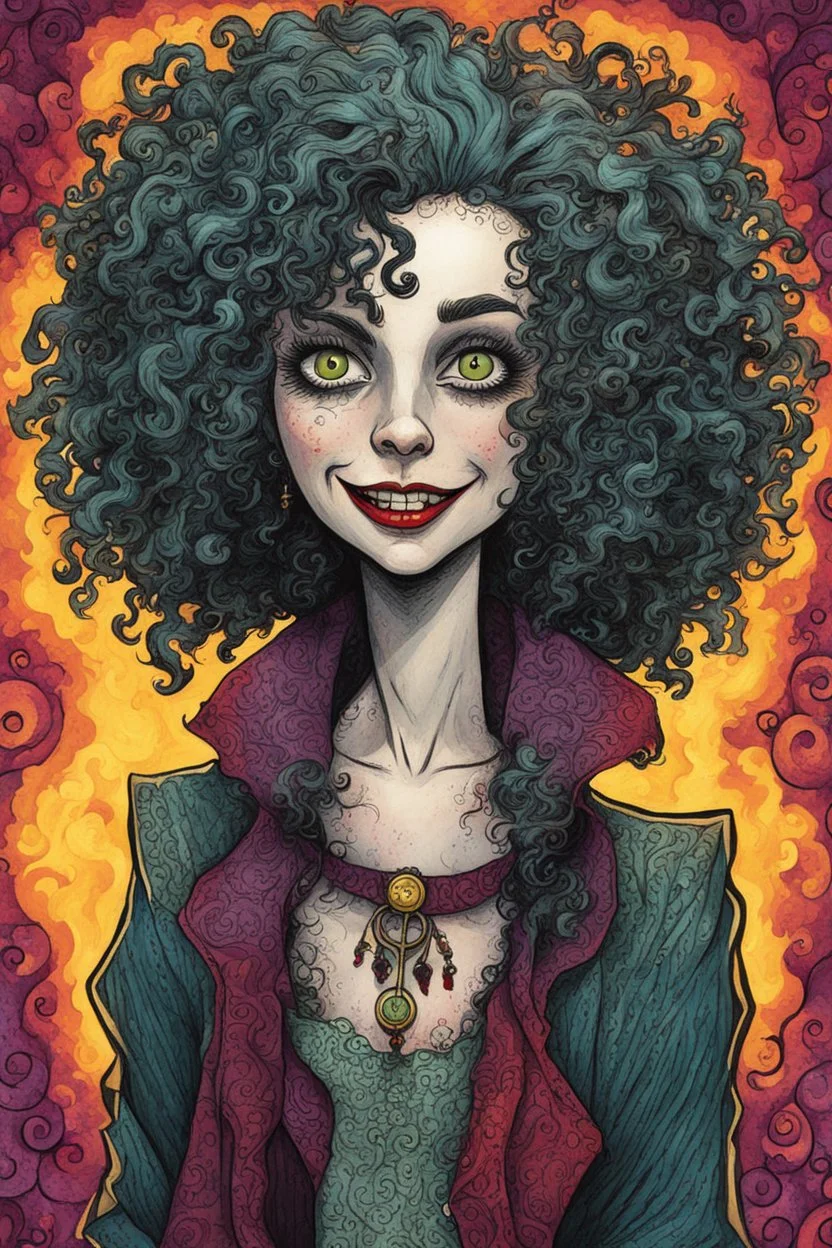 a cartoon illustration of a schizophrenic curly haired vampire girl , in the cartoon style of Lynda Barry , Ernie Pook's Comeek, vibrant natural colors, , museum quality masterpiece