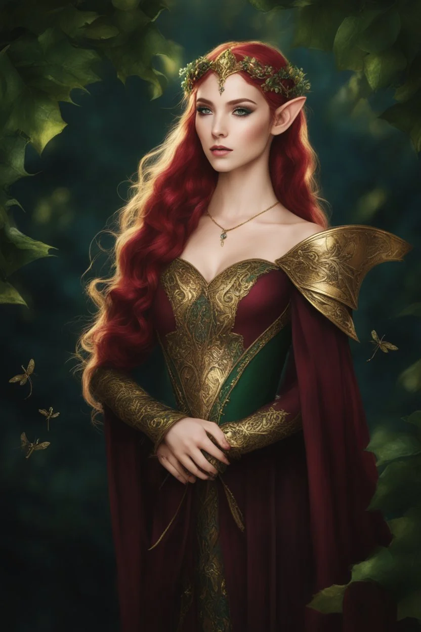 Dark green hair,rapunzel hair,very long hair,ivy,lillies of the valley,dark green,burgundy,golden armor,night,dragonflies,sparkle,elven crown,elven ears,gold