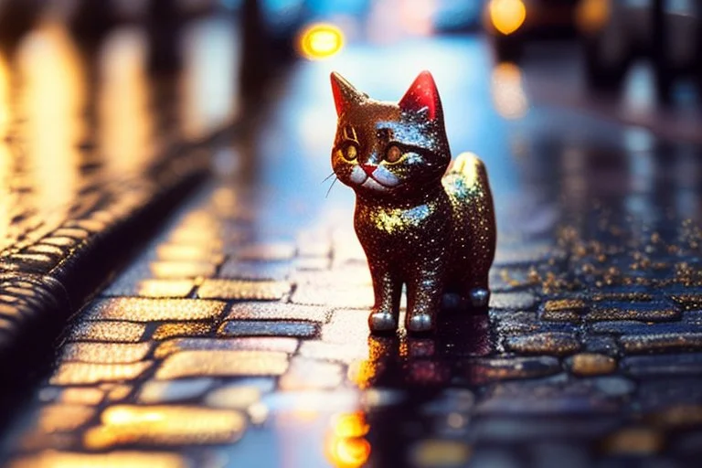 cute happy chibi cat standing on a wet cobblestone road in sunshine, watercolor and black in outlines, golden glitter, ethereal, cinematic postprocessing, bokeh, dof