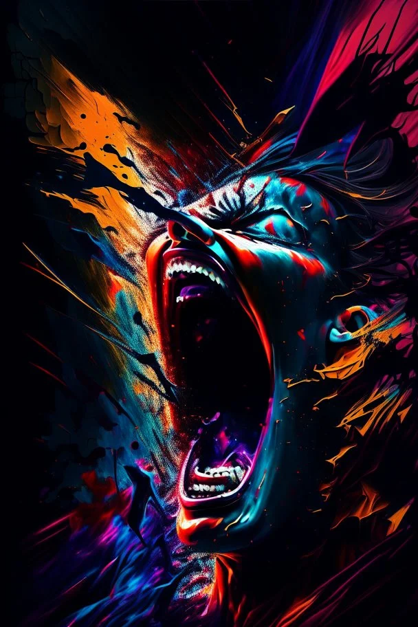 Birth of a legend, super realistic , screaming , irony, bold, chaos80, abstract, dark colours