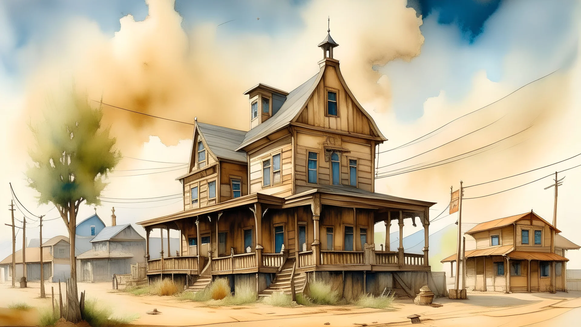 watercolor painting, An old western town with a large two-story building, likely a hotel or saloon, in the center. The building has a wrap-around porch and ornate architectural details. In the foreground, there are dirt roads and telegraph poles. The sky has some clouds and a seagull flying overhead, creative, detailed brush stroke, minimal spalsh