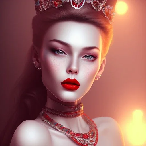 a princess with red lipstick, wearing jewelry, dramatic, dramatic lighting, volumetric lighting, hyperrealism, 8k, high quality, photorealistic, lot of details