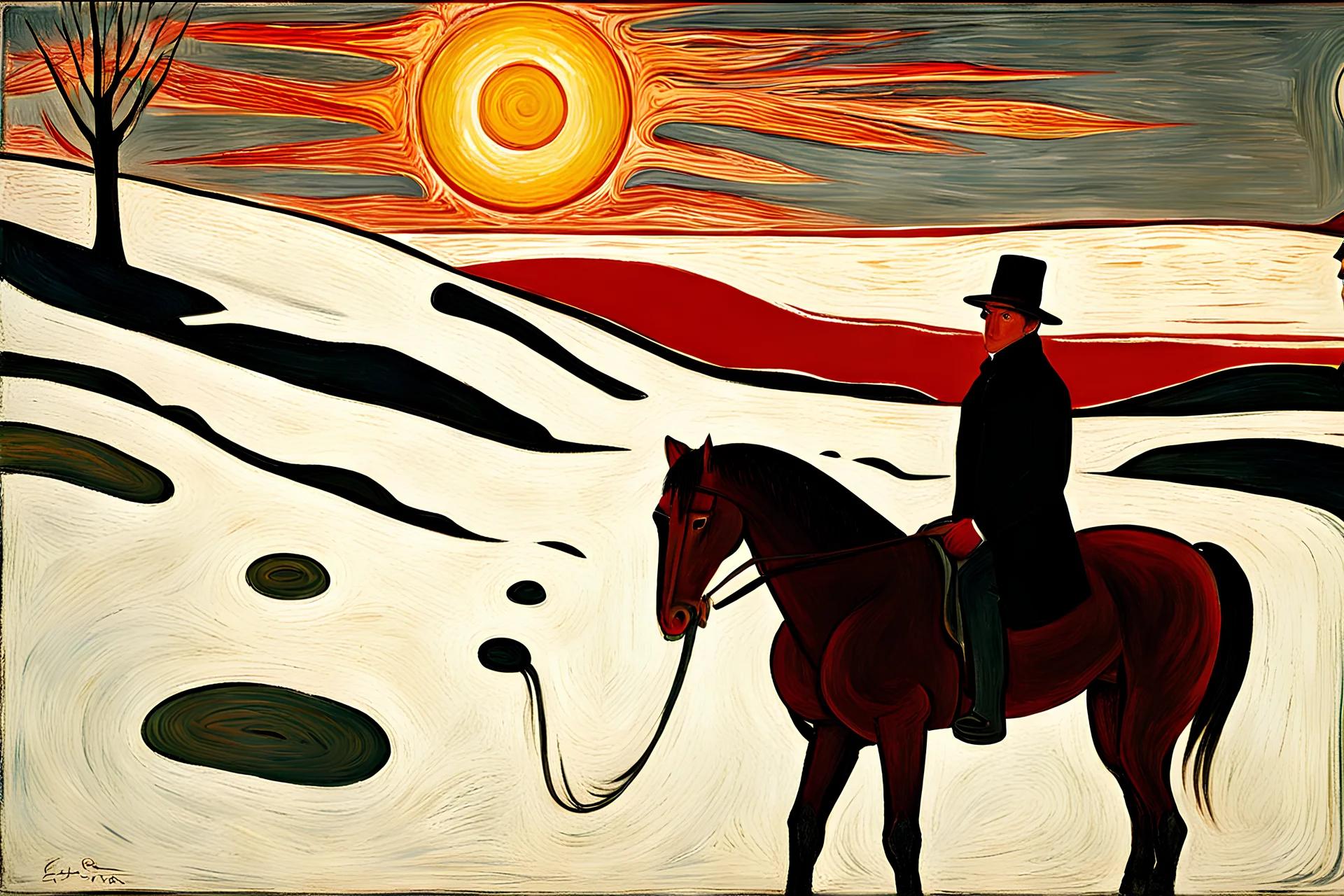 atıyla karda yürüyen şapkalı kürt adam.gökyüzü gri.ve kırmızı bir güneş.by edward munch