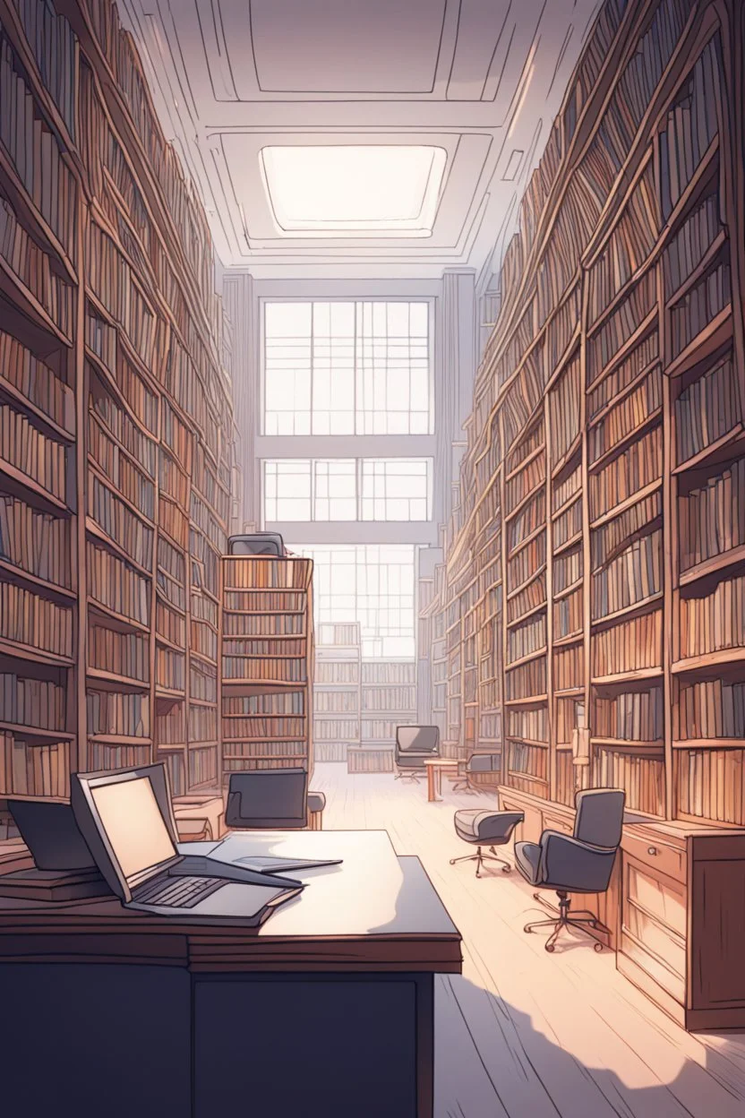 Library, state-of-the-art computers, book search. High-quality drawing, 8K