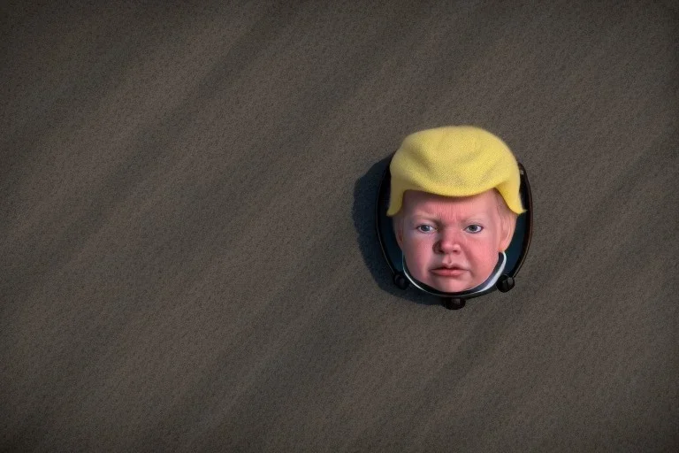  Looking down at a baby Who looks like donald trump in a Baby carriage wearing a bonnet on the sidewalk in new york city