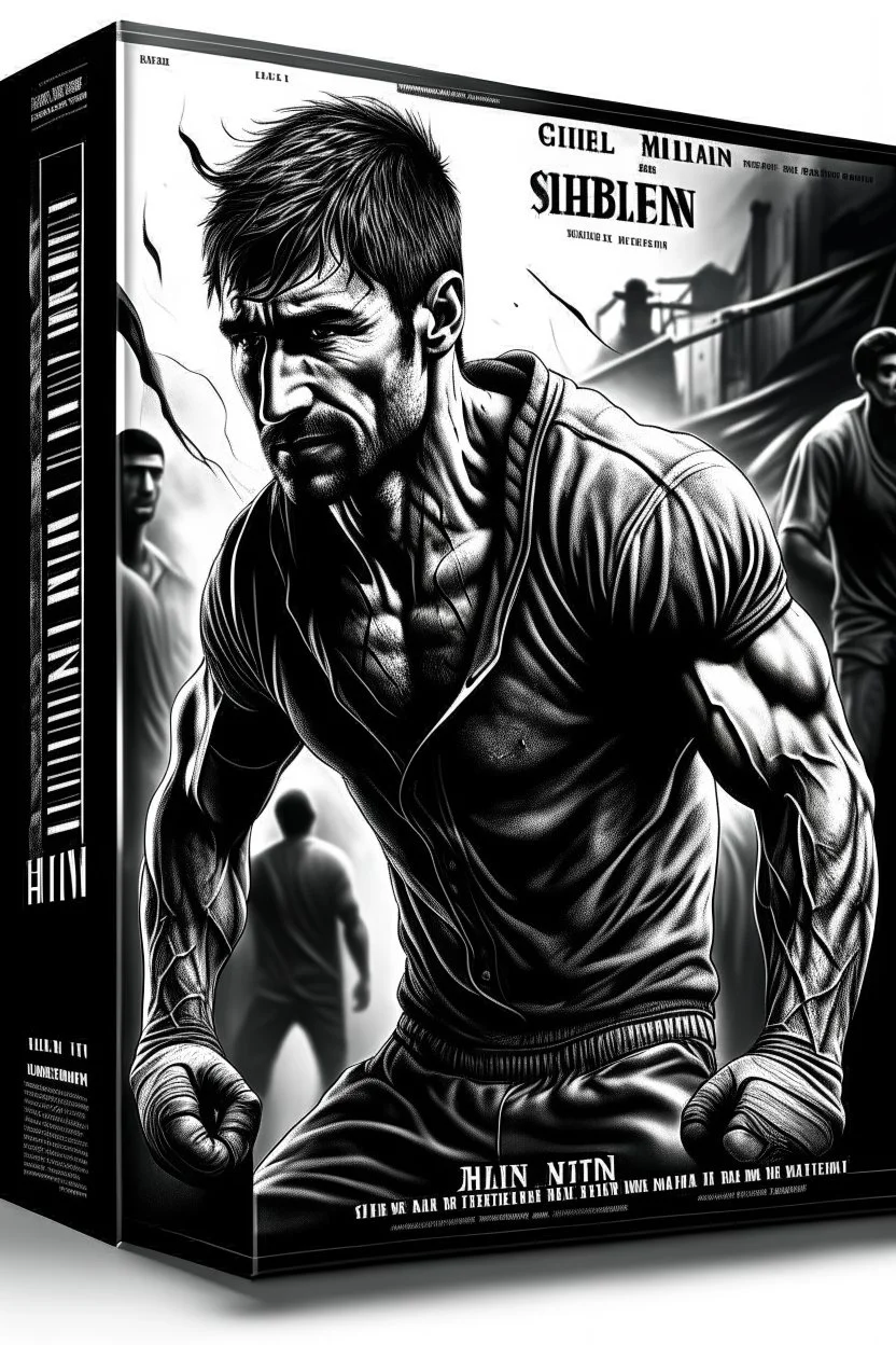 white skin man , book cover design reflecting the journey of a young, ex-boxer fighting immigrant with a heavy past and long path of challenges. The design captures his hopeful spirit amidst adversity, portrayed in a modern setting with a black and white color scheme that adds depth and emotion to his character.