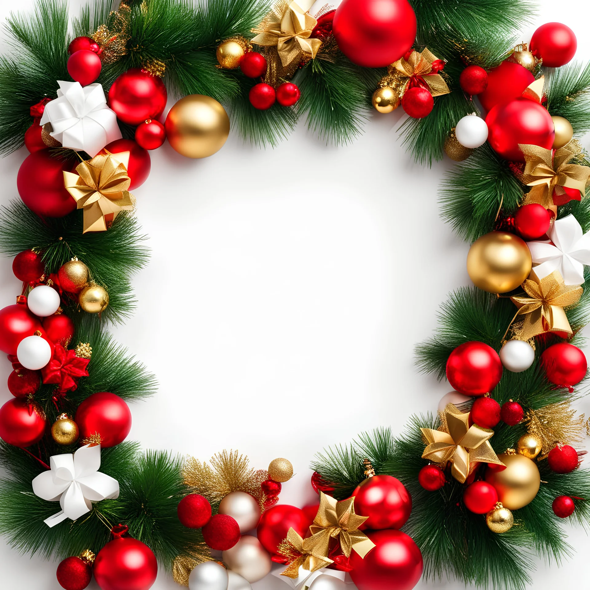 Christmas minimal background, with scattered bells, wreaths, ribbons, presents and ornaments around the frame of the image, gold, red and green tones, style is like watercolor, white background