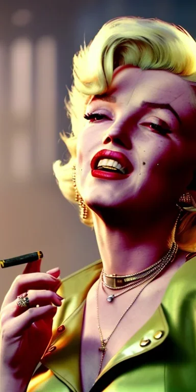 Marilyn Monroe, in full growth, smokes a cigarette, cyberpunk2077, photorealistic, 8k