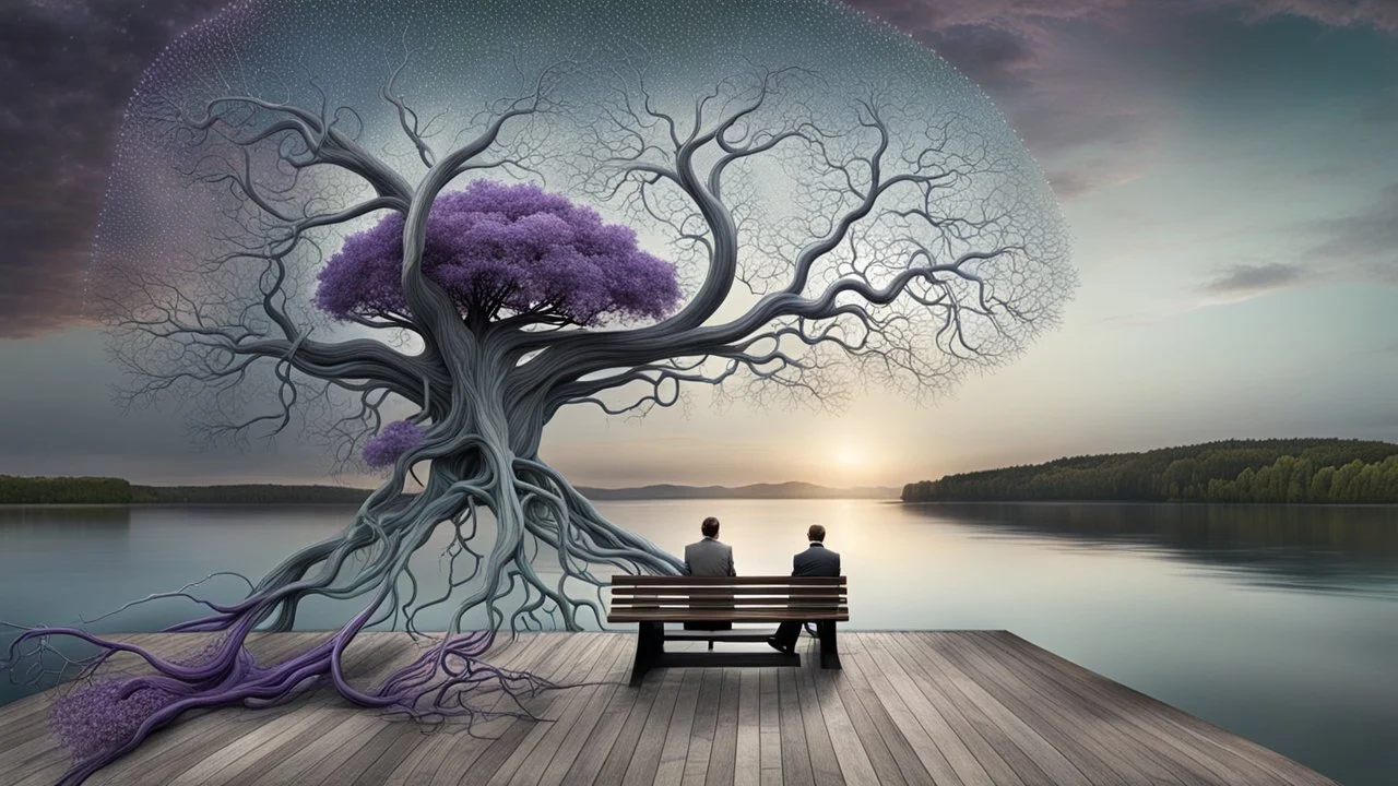 back to the camera a figure sittings on amorph bench in a beautiful landscape and overlooking the water of the nearby lake, calm, harmonious atmosphere, muted dark colors, purple, white, gray, green, blue, brown, silver, black , ,not too colorful colors, Whimsical style and giant stunning neuron network all over the sky, half shadow and half light abyss, surreal stunning vibe