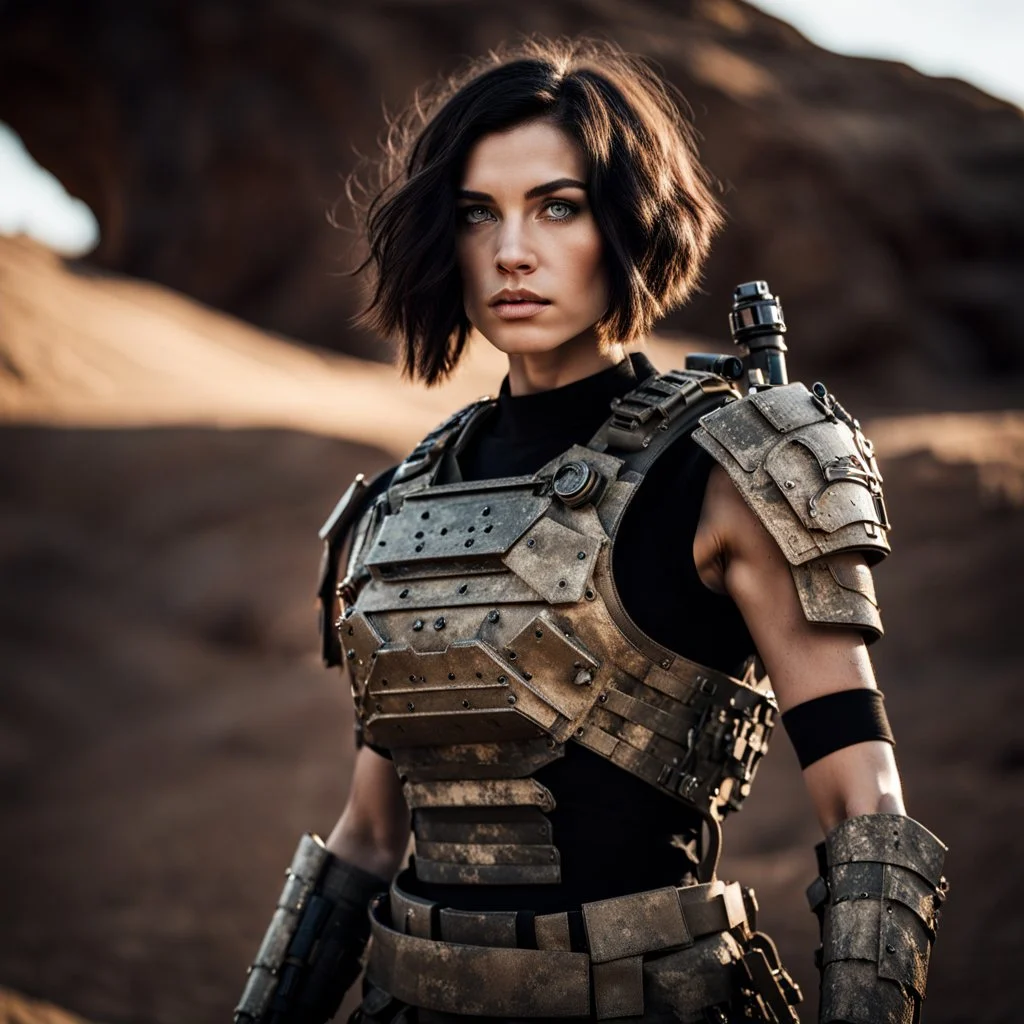 beautiful caucasian female soldier, black metal body and limbs, visible cybernetic limbs, scratched sand camo metal details, short brunette wavy bob haircut, dystopian, desert scene