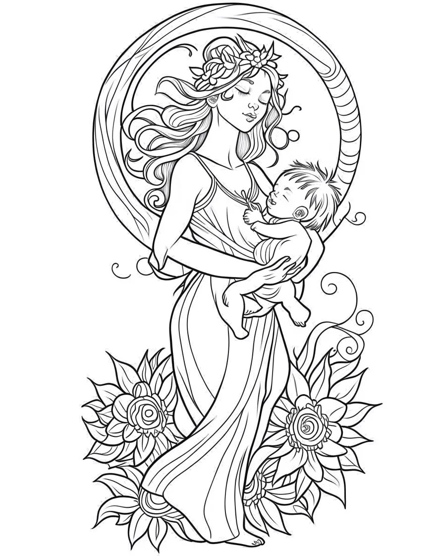 mother with his sun coloring page, full body (((((white background))))), only use an outline., real style, line art, white color, clean line art, white background, Sketch style