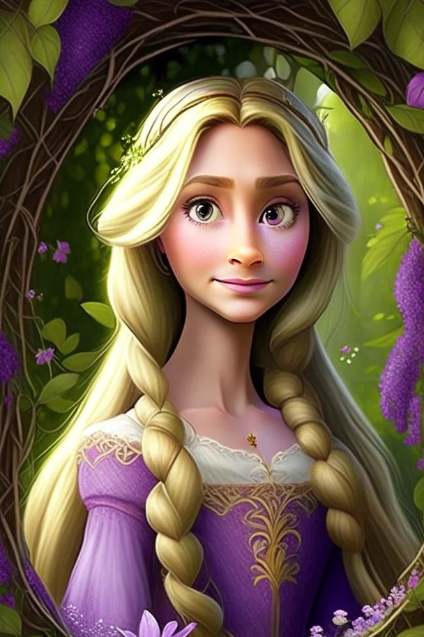 Princess Rapunzel, with a very beautiful and small round face, with neutral and consistent makeup, with a charming look, with a very wonderful dress in a very beautiful garden