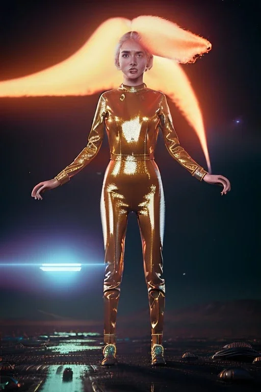 retro sci-fi portrait image from 1980, supermarket explosions, fire, people running, sweet young blonde woman walking, tight latex suit, soft color, highly detailed, unreal engine 5, ray tracing, RTX, lumen lighting, ultra detail, volumetric lighting, 3d, finely drawn, high definition, high resolution.