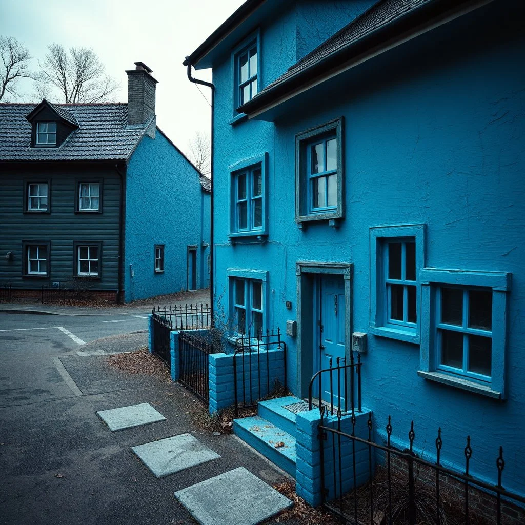 Fotografia di strada assurda e falsa orripilante blu weirdcore dai colori vivaci. Noe. Non luogo falso, inusuale. Max Ernst. Le case sono false e dipinte di nero chiaro con cose stilizzate e dettagli. Ci sono finestrelle false quadrate, che danno un senso distopico e molto surreale, disposte in modo casuale. L'atmosfera generale sembra noiosa e onirica, con un contrasto tra elementi reali ed elementi dipinti falsi, René Magritte