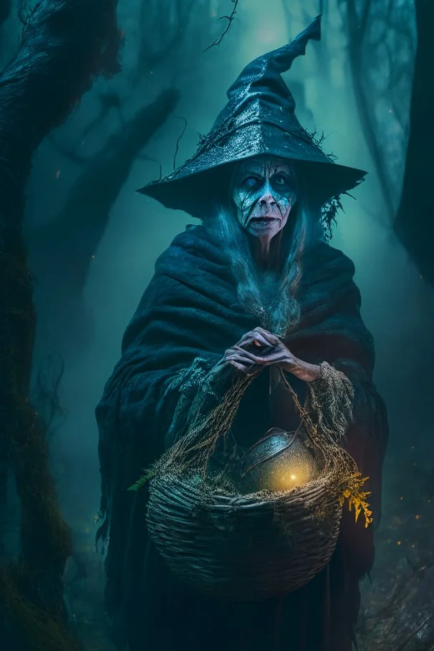 portrait of witch with shiny basket, prehistoric forest, trending art, 8k, depth of field, volumetric fog, hi detail, spray paint