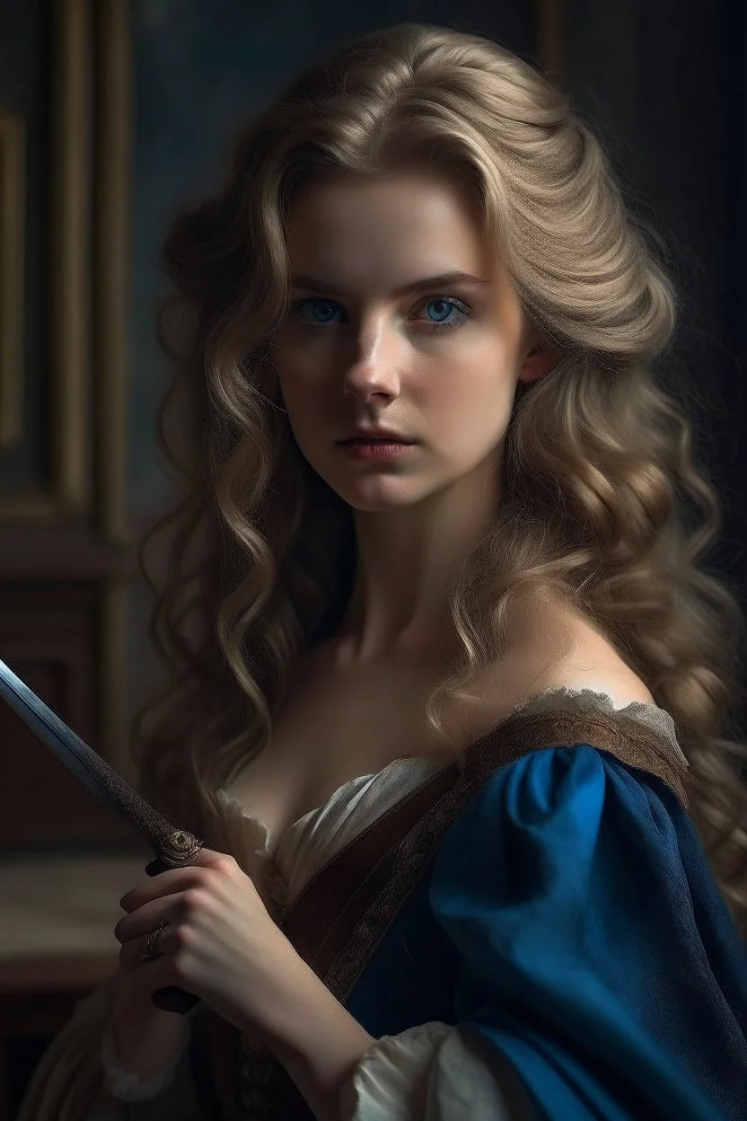 charming regency rogue with dark brown hair, brown eyes facing a beautiful regency long blonde hair, blue eye femme fa·tale with a sword in her hand