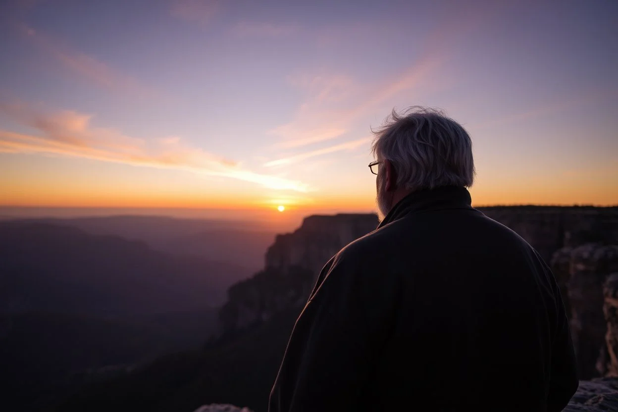 a large man with grey hair views sunset from a cliff