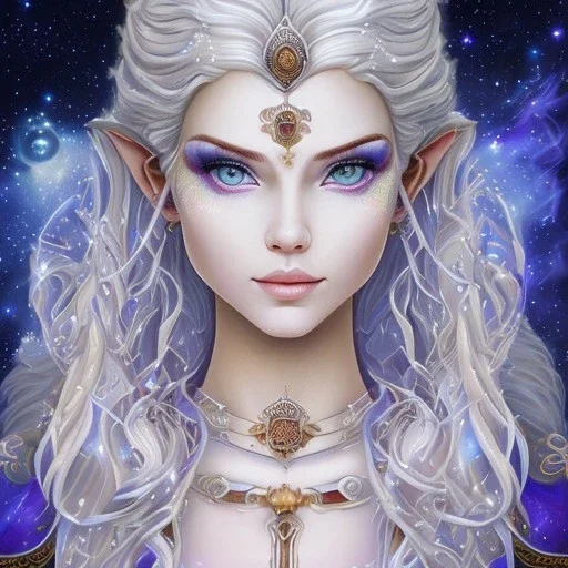 cosmic mage, elf, female, battle mage, epic, cosmic magic, long ears, white hair, face details, pale skin, jewellery, broad shoulders, sharp ears, cosmic clothes, cosmic eyes, ears shown, light out of eyes, the cosmos in eyes, stars in eyes, shining eyes, non human face, thin face, animation, detailed ears, magical eyes, non realistic, closed mouth, bigger make up