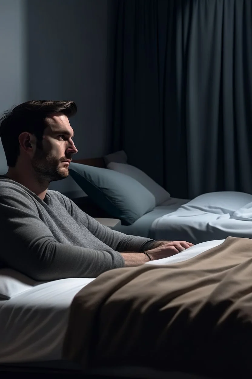 sitting next to a sleeping man on the side of the bed