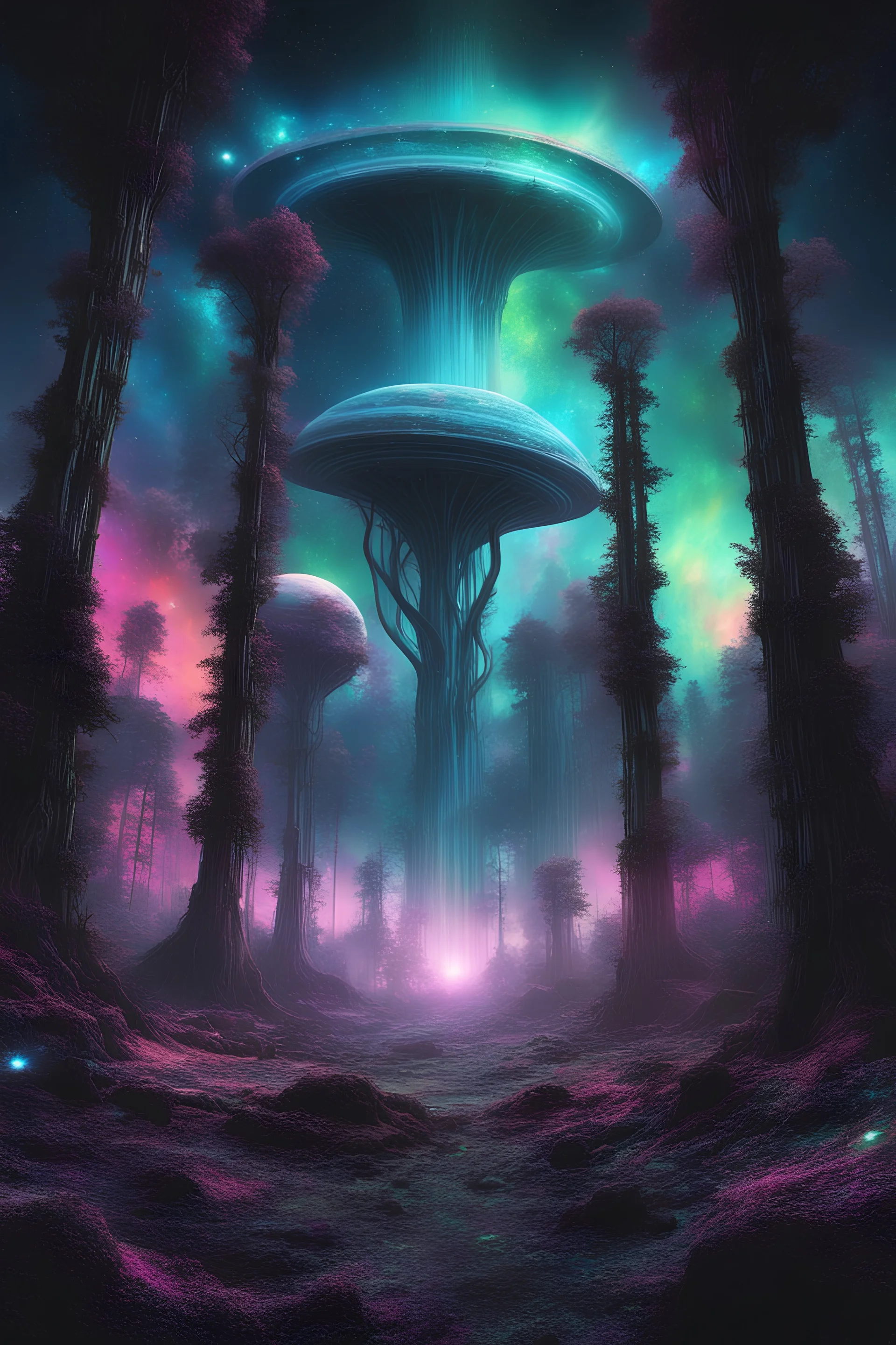 Huge aliens forest, nebula in background, cosmic black and iridescent, split perspective, Neo-baroque digital glitch art, hyper detailed NASA images, photorealistic