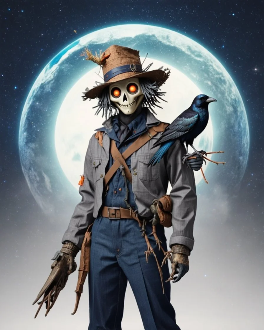 terrifingly cute cyberpunk scarecrow holding a crow, in the style of Android Jones, photography, head to toe, full body shot, white, navy blue grey, very detailed, very clear photo, 3D,