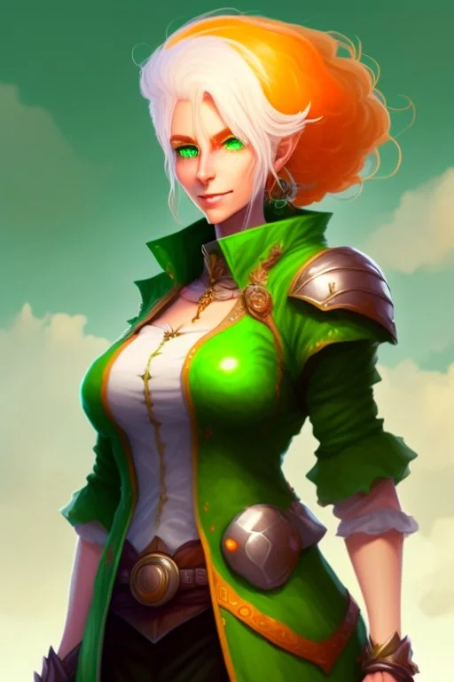 fantasy setting, woman with orange and white hair, green eyes, tall and frail, kind, soft facial traits