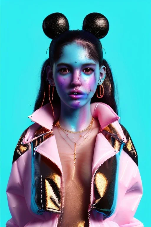 Ultra Realistic image, Rosalía artist, portrait, normal complexion, waist up portrait, two monkeys hair ,black eye long line, sweet face, t-shirt with holes, inflatable open coat, gold pink and blue style, spray glow make up, geometric led jewelry, fog, hot, inflatable style latex coat, vibrant color, highly detailed, art stations, concept art, smooth, unreal engine 5, god rays, ray tracing, RTX, lumen lighting, ultra detail, volumetric lighting, 3d, finely drawn, high definition.