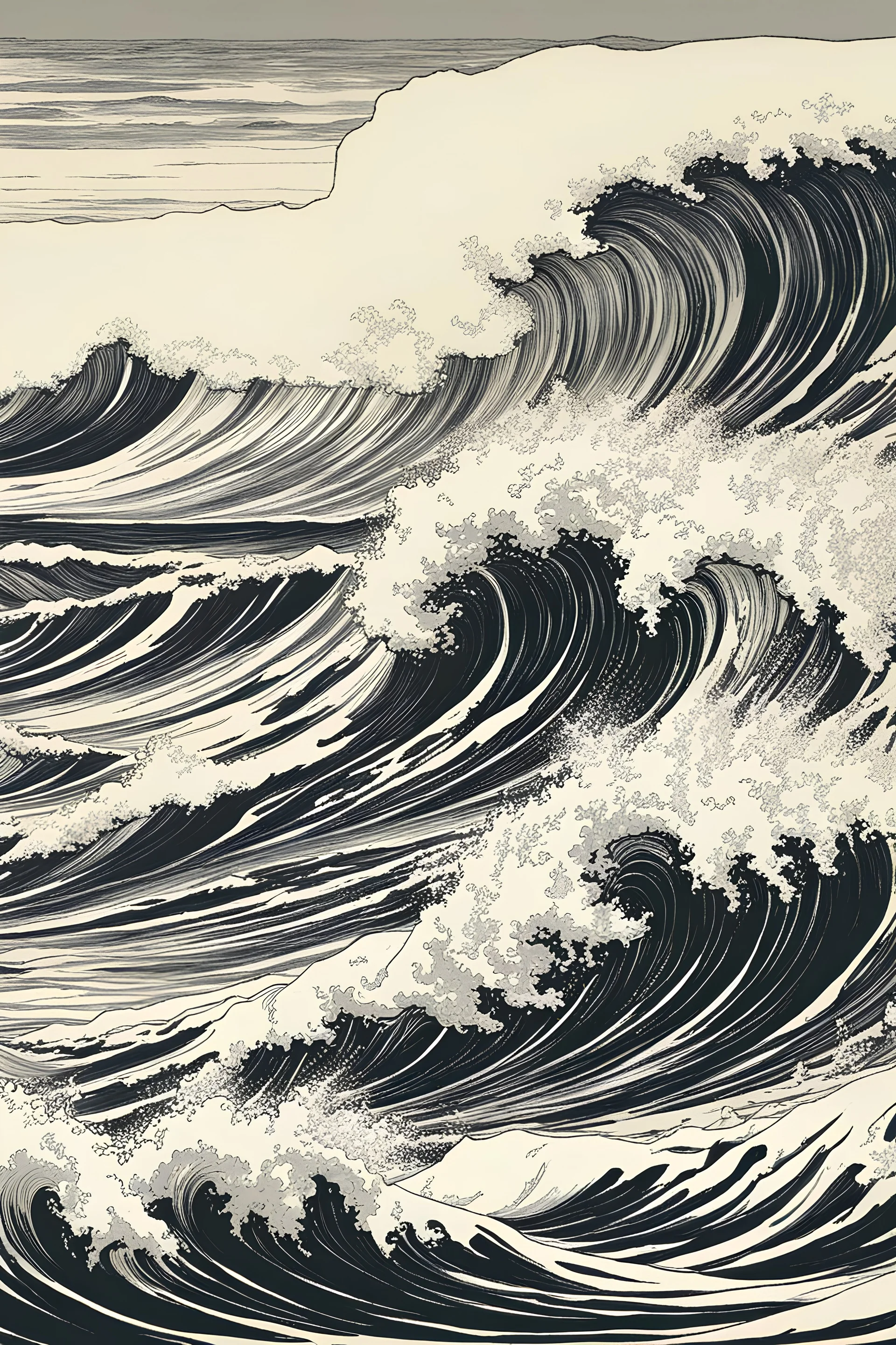 a storm tossed shoreline with pounding surf illustration by Yoji Shinkawa and Katsushika Hokusai, finely drawn and inked, 4k, symmetric, hyperdetailed