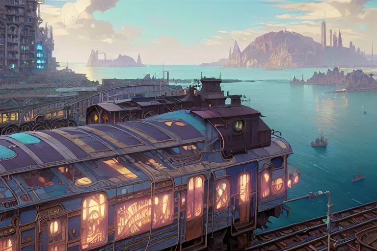 close up train+Elevated train+train+corner town on sea+sea+Italian colourful sea village +alphonse mucha, greg rutkowski,matte painting, cryengine, hyper detailed, felix kelly, fantasy art, seb mckinnon