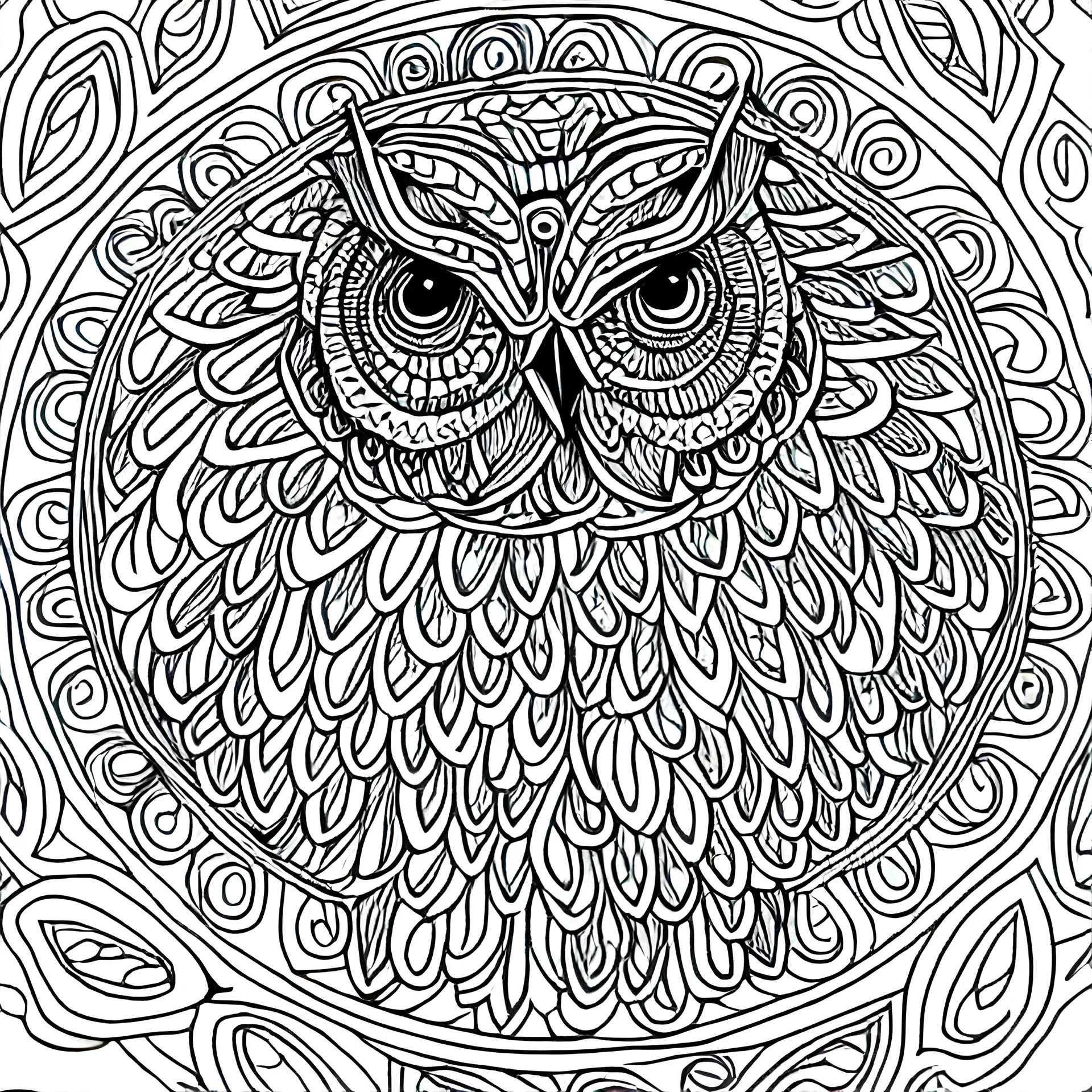 mandala with an owl, foliage, line art, high fidelity, high detail, coloring book page drawing, black and white