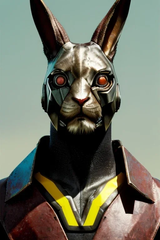 Medium Close Up Portrait, Front image. cyberpunk, rabbit mask helmet, strong man, titanium hair. Latex suit. Brown, yellow, color. Conan style. Color background, photo studio. Avatar image, highly detailed, concept art, smooth, unreal engine 5, ray tracing, RTX, lumen lighting, ultra detail, volumetric lighting, 3d, finely drawn, high definition, high resolution.