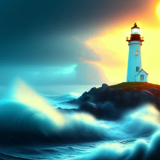 Fantasy, light house, surreal, waves crashing below, 8k, sunset, sketch