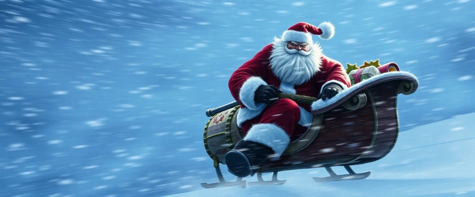 santa beast motion blur background in sleigh and snow storm drawn by the hulk