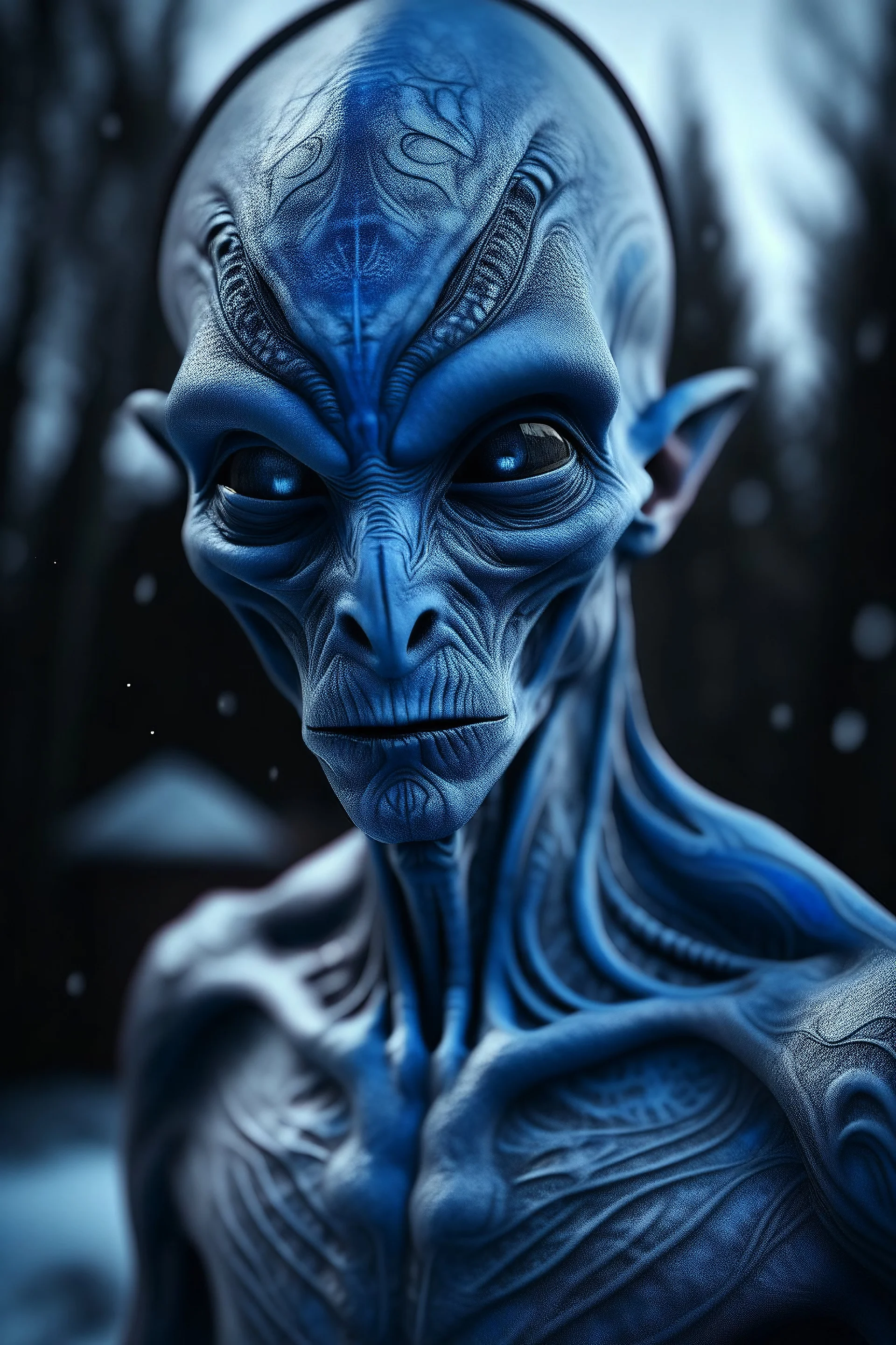 holographic simulation, beautiful xenobiotic alien man demon, scandinavian black tattoo on the body, super detailed face, blue eyes, against the backdrop of old dzherevyanny houses in the winter forest, falling snow in winter, professional photo, 4k, high resolution, high detail, close-up, octane, body art, patterns, lavender color, silver wire, artistic elven fantasy, filigree, dark botany, ultra detail, dark botany, photorealistic image