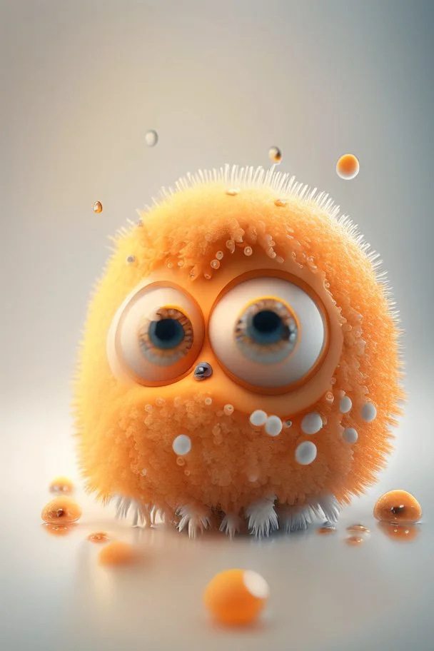 Microscope photography of a crying cute bacteria furry orange character from Planet Mercury , photorealistic, 3D, unreal engine, octane render, intricate details, Studio Professional Photography, Top Light, 35mm lens, on flat white background