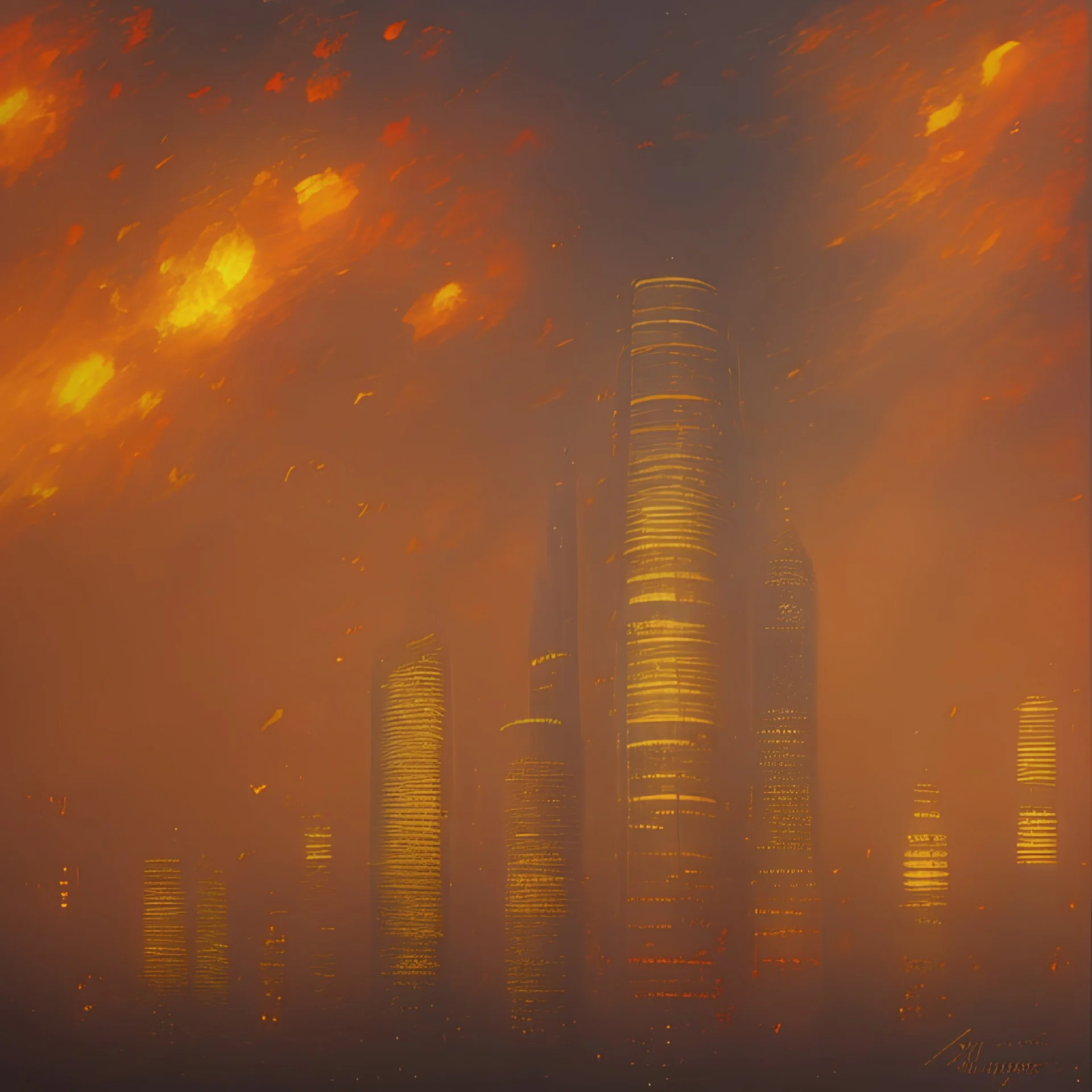 Painting of Skyscrapers. City at night. Big umbrellas. Umbrellas casting shade. From the sky umbrella fall. Umbrellas falling from sky. Open umbrellas. Umbrellas in air. in background Fire as rain. Fire surrounds city. Fireballs falling. Flames in horizon. Clouds that look like fire. Rain that looks like fire.lots of umbrellas