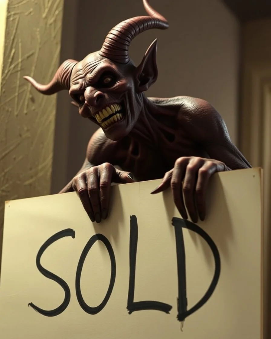A realistic ghoulish laughing devil leaning forward at an angle as if over someone's shoulder, facing right, holding a large sign that says "SOLD" in clear letters. No humans, no extra subjects, cinematic horror lighting.