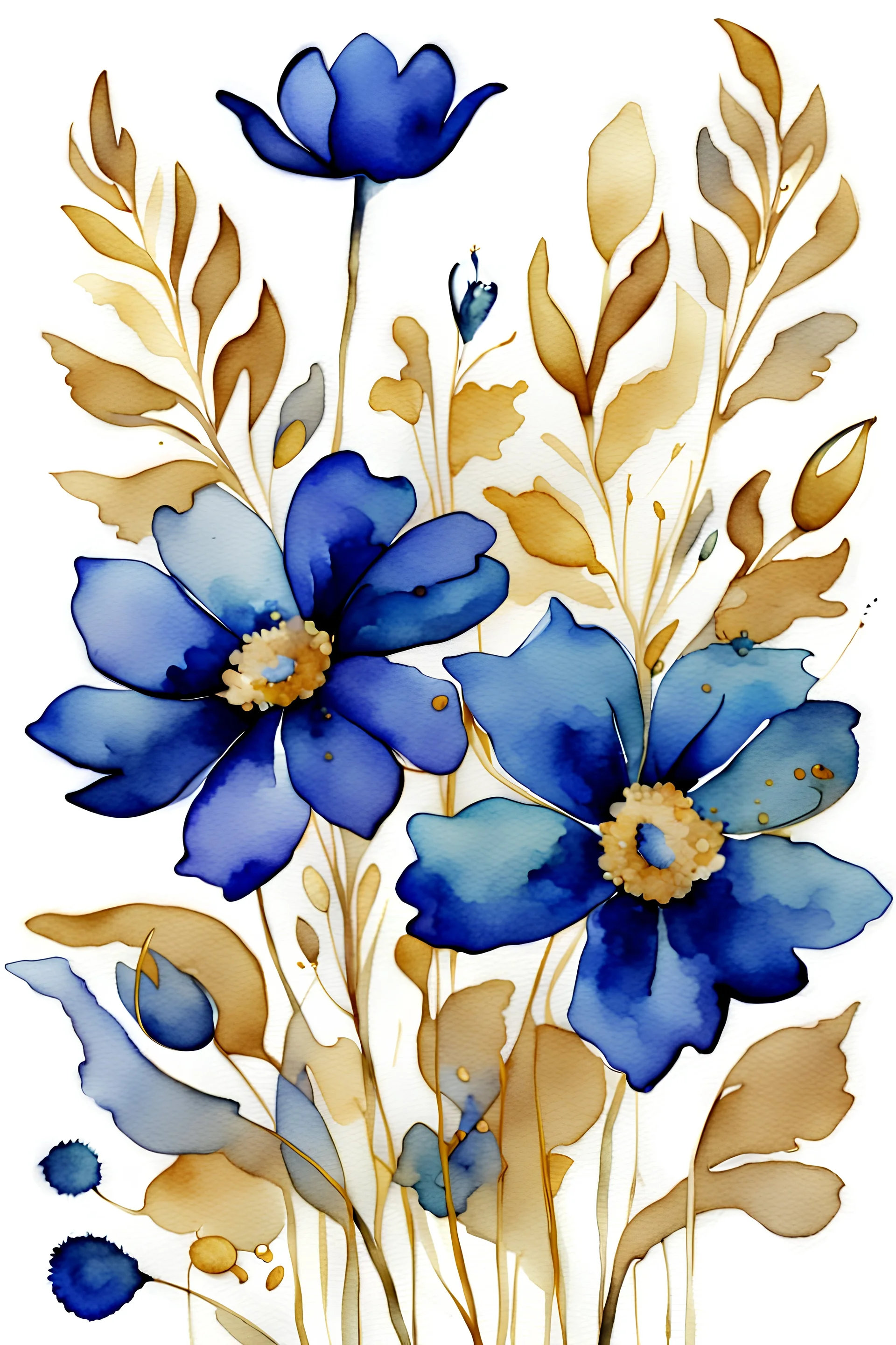 watercolor abstract big BLUE flowers with golden outlines on white background