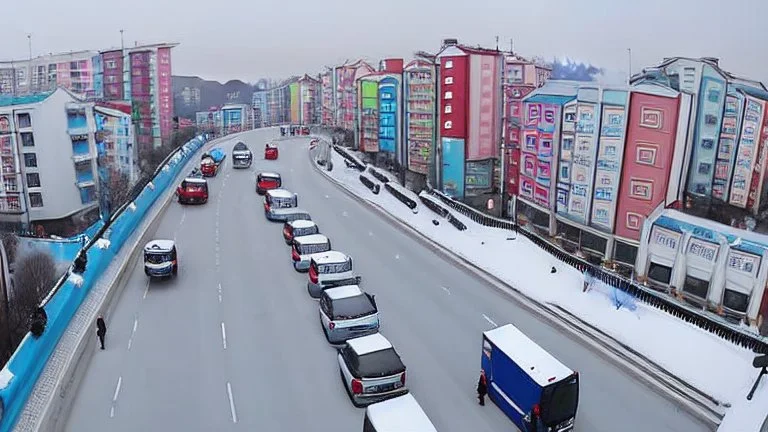 A police Tesla Cybertruck is chasing a Tesla 'Model S Plaid' at top speed, across the 'Everland Resort', in South Korea. CINEMATIC. WIDE ANGLE LENS.