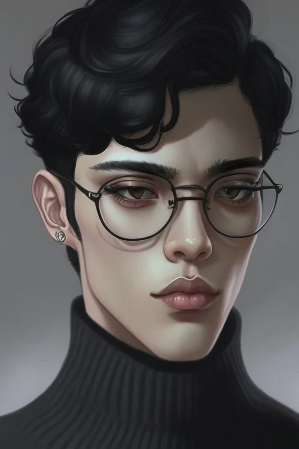 Short black hair, light skin, black skin tight turtle neck clothing, black round glasses, earrings, grey eyes, black eye shadow, round face, man