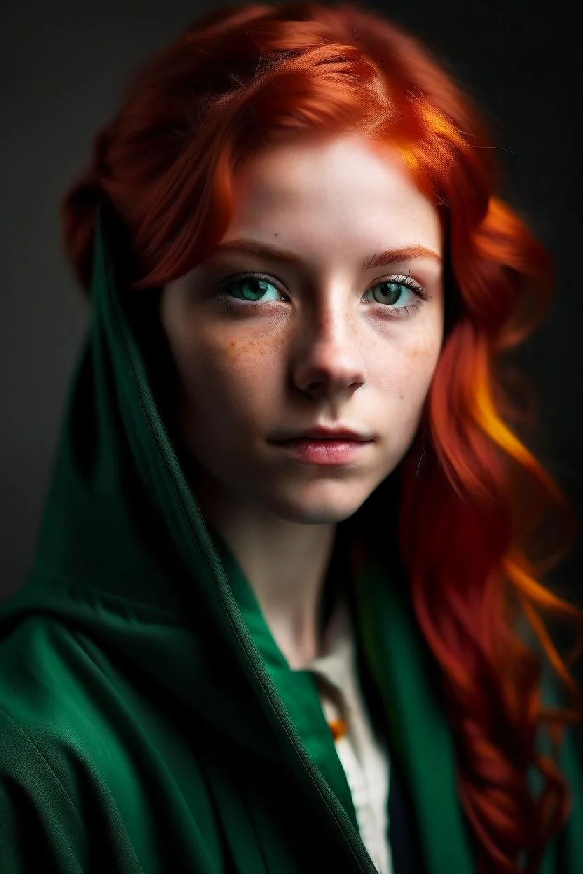 A girl with red hair and green eyes and she is wearing a Hogwarts robe