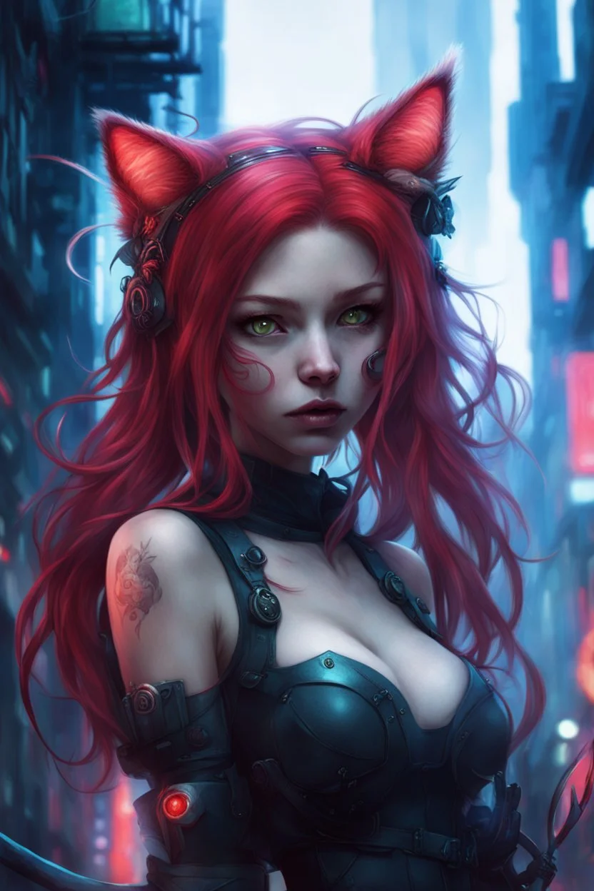 CAT GIRL, FANTASY, VINES, SOULLESS, FLUFFY TAIL, RED HAIR, CYBERPUNK