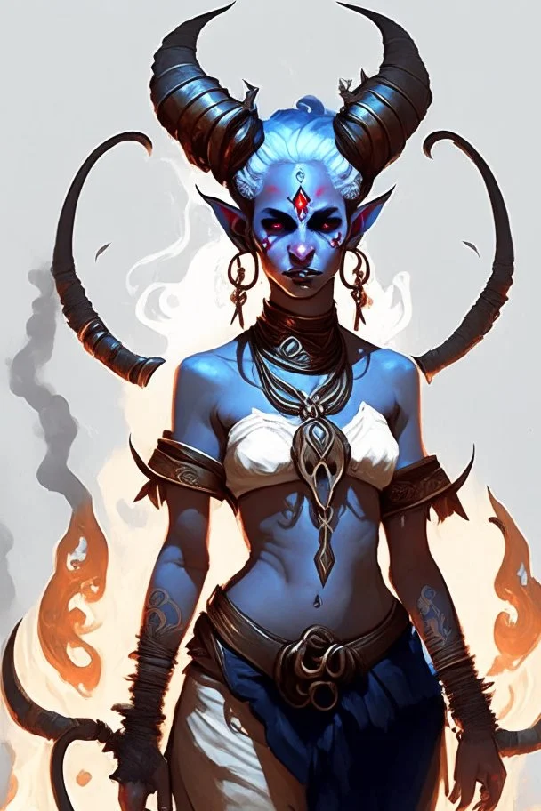 A full body image of this tiefling woman she has fire powers, she is floating she has lots of jewelry and the horns of a ram and also the horns of a gazelle, her outfit is white and her body is covered in tribal tattoos, she is about to attack