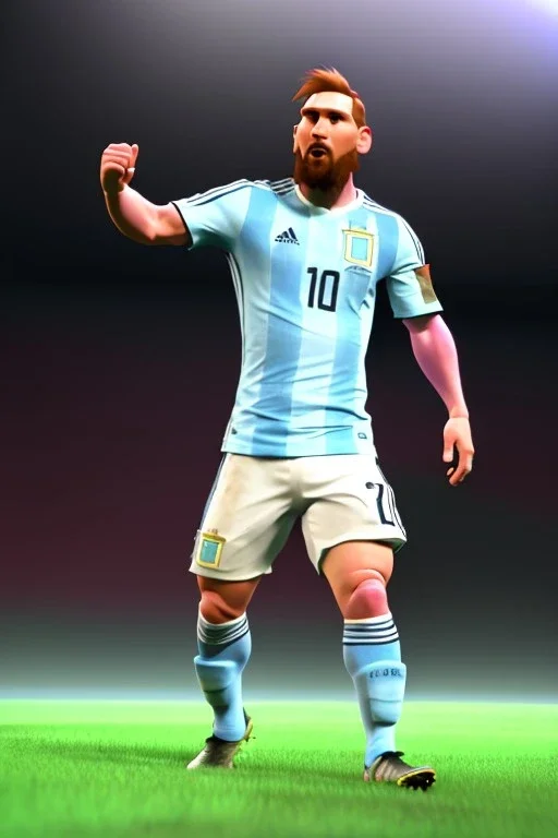 Realistic Messi Argentina soccer player Portrait, mid shot view, low view, 3d, photo studio, clean background, unreal engine 5, ray tracing, RTX, lumen lighting, ultra detail, volumetric lighting.