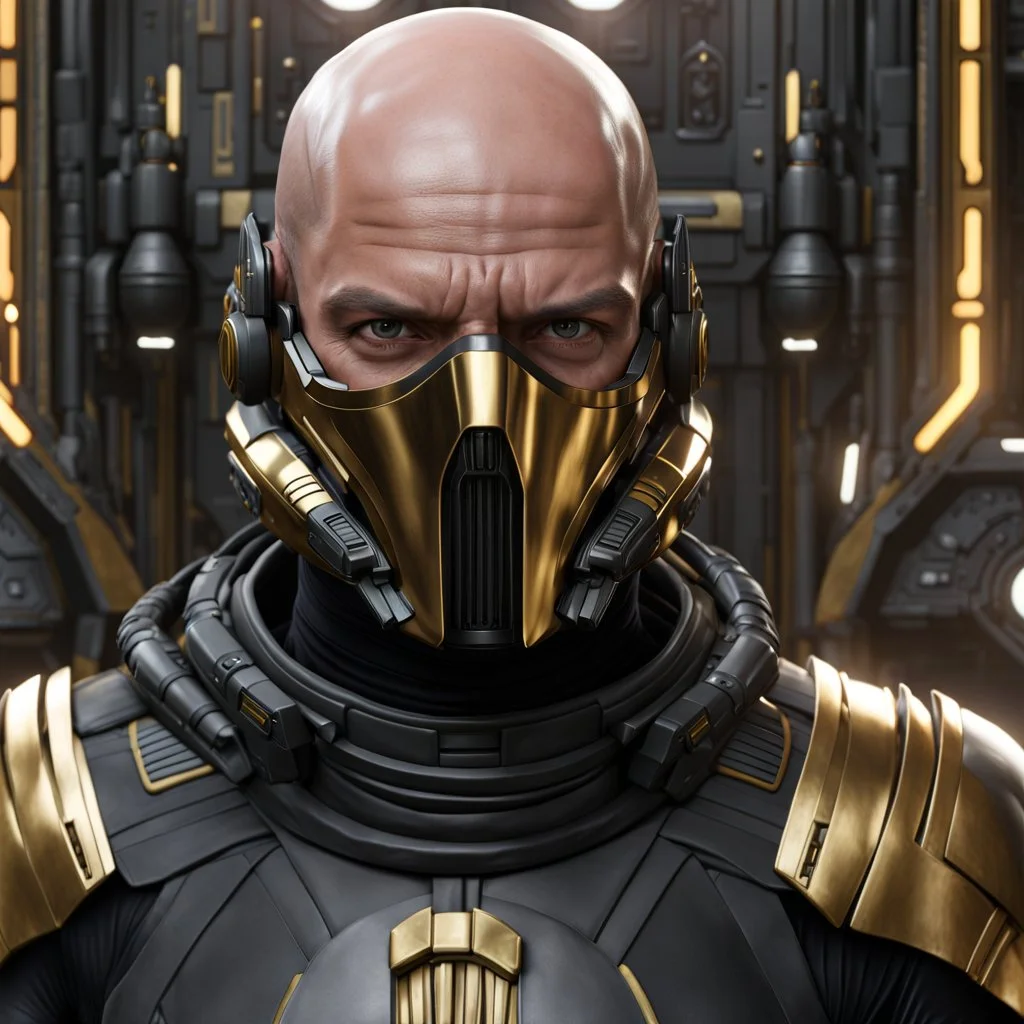 star wars bald male corellian pilot wearing pearlescent black and gunmetal grey First Order special forces heavy assault stealth commando armor and helmet with gold trim inside the jedi temple, hyperdetailed, dynamic lighting, hyperdetailed background, 8k resolution, volumetric lighting, light skin, fully symmetric details