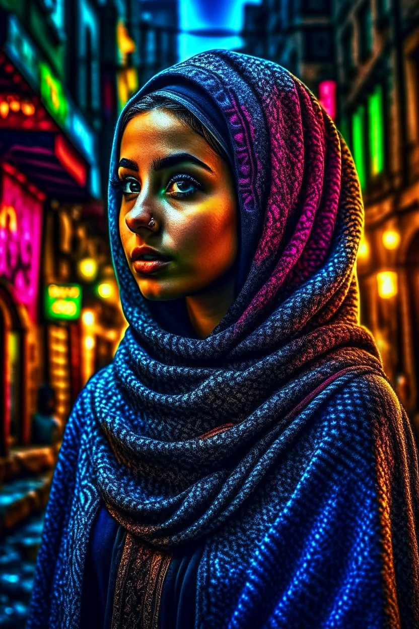 a beautiful Arabian girl in hijab , set against a gritty urban backdrop, The image should be highly detailed and intricate, with a sharp focus on the woman's features, and a neon color palette that pops against the dark background, the style should be reminiscent of street art and urban culture, with exaggerated and stylized features that give the portrait a larger-than-life feel, trending on artstation and instagram, art inspirations include banksy, Shepard Fairey, and lady pink.