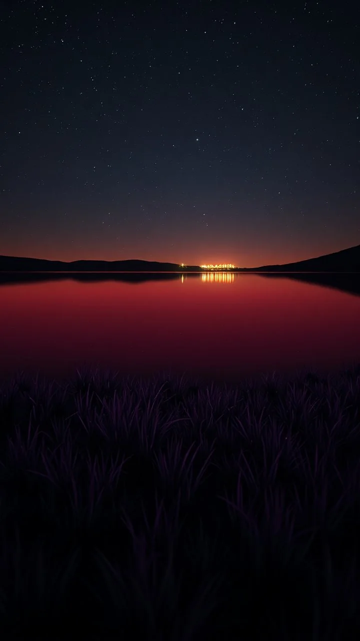 A large zoomed in water of a red lake in it a dark purple grass randomly in a starry dark night with dim lights in distance, great quality photo , cinematic and 8k photography